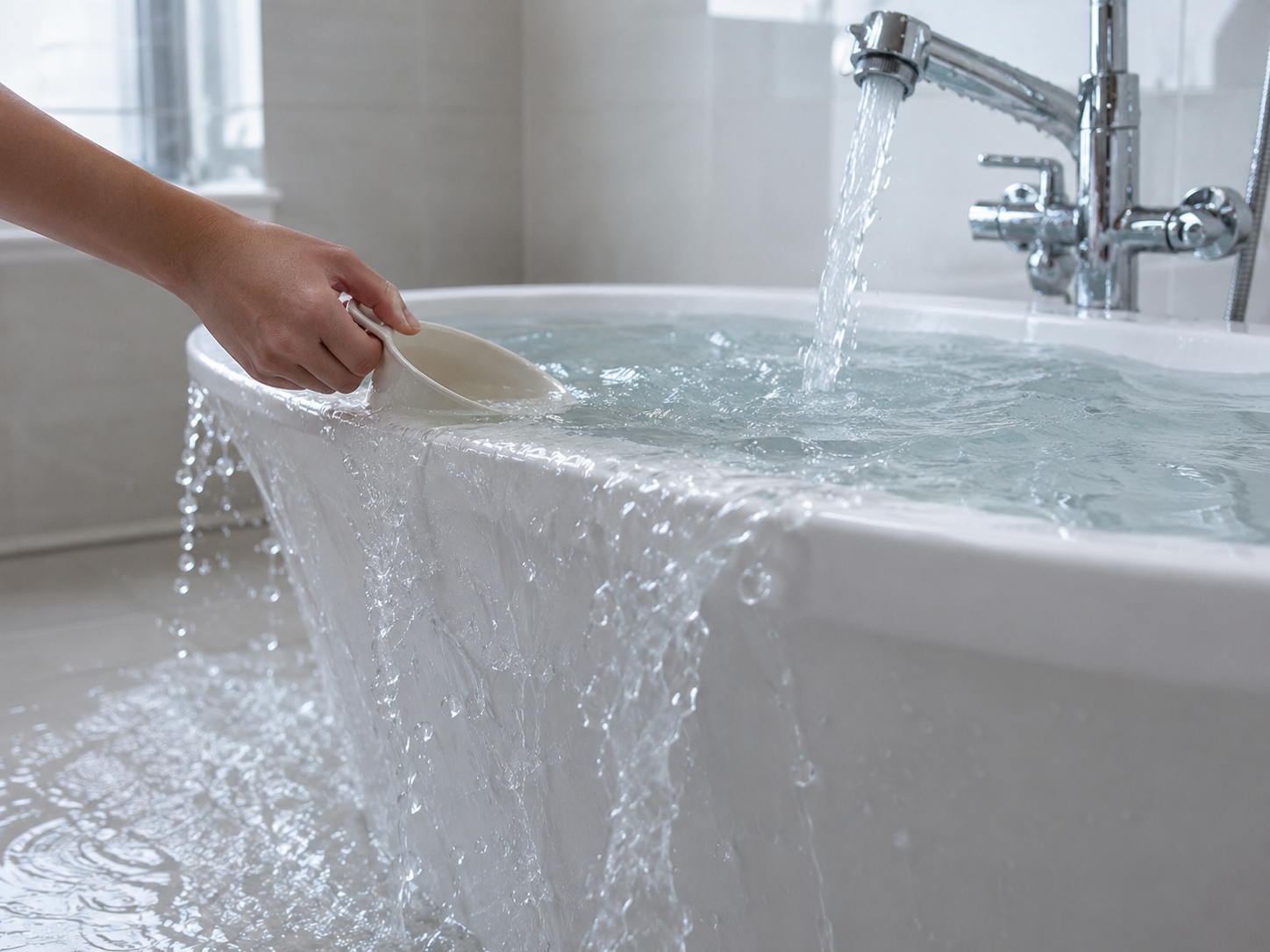 Badewanne läuft über, während mit Becher geschöpft wird — Sinnbild für Tabletten