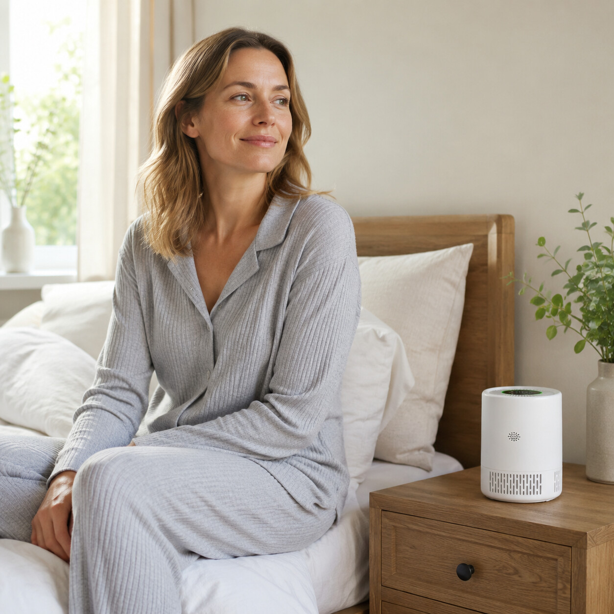 Frau atmet morgens frei durch, PuraNox auf dem Nachtkasten